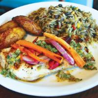 Rain Forest Mahi · Wood-grilled mahi finished with our signature salsa Verde and julienned vegetables. Served w...