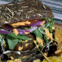 Big Dawg Burger · Gluten free. Vegan. Contains mustard, tree nuts. A robust nut & seed patty is topped with a ...