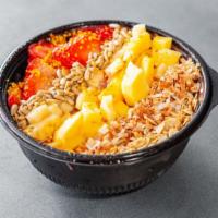 Delta Bowl · Acai base with vanilla Rx protein, coconut milk, mango, strawberries, pineapple. Toppings: g...