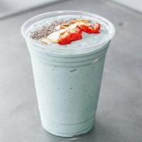 Blue Majik Smoothie · Almond milk, banana, almond butter, dates, mango, and blue majik. Garnished with chia seeds,...