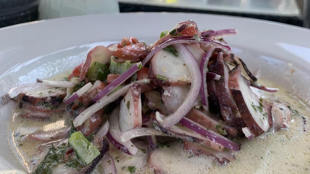 Octopus Ceviche · Octopus, lemon, lime, cilantro, red onion, peppers, and chimichurri.