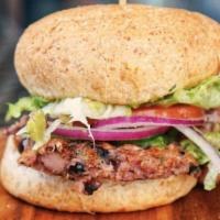 Guac. Vegan Burger · Vegan. Wheat bun, guacamole, jalapeño, lettuce, tomato, and onion. gluten-free, vegan and ma...