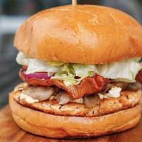 Salmon Bacon Cheese-Burger · Gluten free. Goat cheese, bacon, mushrooms, balsamic mayonnaise, and LTO.