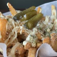 Garlic Parmesan Fries · Fries tossed with Grated Parmesan, Garlicy Seasoning, then Topped with Shredded Parmesan, a ...