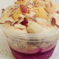 Acai Dragon Fruit Beach · Base: Organic Acai Dragon Fruit 
Toppings: Peanut Butter-Granola- Banana-Pineapple-Honey-Sli...