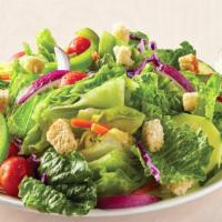 Garden Salad (Regular) · Crisp lettuce, sliced cucumbers, red onions, fresh tomatoes, green peppers, served with crou...