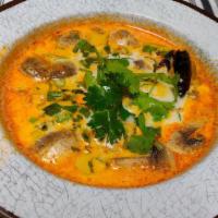 Tom Yum Shrimp (Creamy) · soup made with fresh lemongrass, kaffir lime leaves, chilies, and Mushroom,  chili paste,  m...