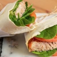 Tuna Wrap · Served on a tortilla with mayonnaise, spinach, lettuce, tomatoes, onions and tuna.