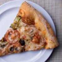The Veggie Slice · Fresh mushrooms, onions, green peppers, black and green olives, tomatoes, fresh garlic, and ...