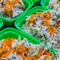 Buffalo Muscle Maker · Rice, topped with sliced chicken, buffalo  sauce, and parsley.

Calories: 325/ Fat: 1/ Carbs...