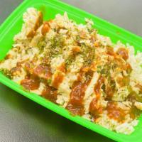 Bbq Muscle Maker  · Rice, topped with sliced chicken, BBQ sauce and parsley.

Calories: 360/ Fat: 1/ Carb: 46/ P...