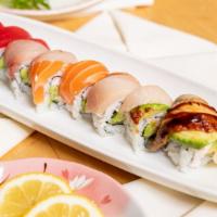 Rainbow Roll · California roll topped with shrimp, salmon, tuna, unagi, white fish, and avocado.