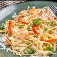 Garlic Pasta With Shrimp · Fresh pasta topped with delicious garlic shrimp.