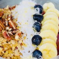 Super Bowl · Base of the bowl with strawberry banana mango granola almond milk and acai. on top of granol...