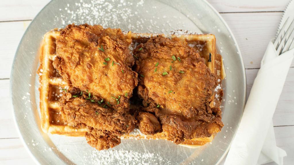 Og Chicken & Waffles · fried chicken over belgian waffles.