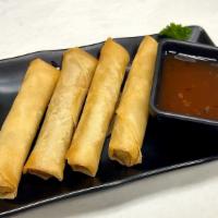 Veggie Spring Rolls · Vegetarian. Mixed seasonal vegetable and glass noodles wrapped in a wonton wrapper fried gol...