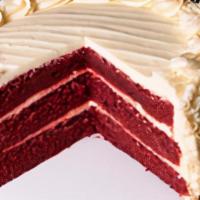 Red Velvet Cake · Three traditional red velvet cake layers perfectly made from scratch by our bakers. Frosted ...