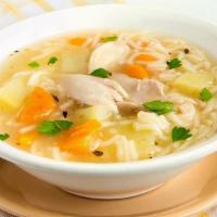 Chicken Noodle · Quart of Fresh roasted chicken with garden vegetables and egg noodles in a savory chicken br...