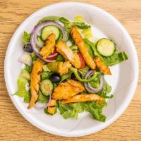 Cajun Spicy Grilled Chicken Salad · Lettuce, tomatoes, onions, cucumbers, green peppers, olives, pepperoncini, and cajun spicy g...