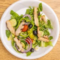 Chicken Salad · Grilled or crispy chicken, lettuce, tomatoes, onions, cucumbers, green peppers, olives, and ...