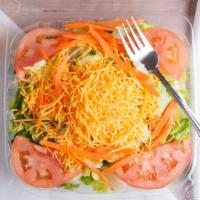 Garden Salad · Romaine and iceberg lettuce, tomato, cucumber, carrot, bell pepper, and cheese.