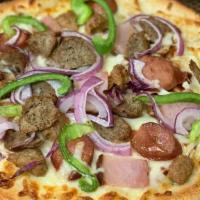 Deluxe Pizza · Pepperoni, Italian sausage ground beef, ham, mushrooms. Black olives, onions, green peppers.