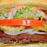 Tasty Burger · Make it Tasty's All the Way with lettuce, tomato, onion, pickle and our signature, house mad...