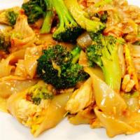 See Ew Noodles · flat rice noodles sautéed in Thai sweet soy sauce served with eggs, broccoli & your choice o...