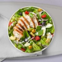 Chunky House Salad · (Vegetarian) Romaine lettuce, fresh tomatoes, cucumbers, and croutons topped with grilled ch...