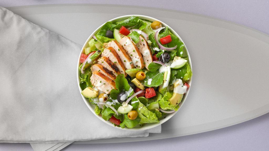 Chunky House Salad · (Vegetarian) Romaine lettuce, fresh tomatoes, cucumbers, and croutons topped with grilled chicken and tossed with your choice of dressing