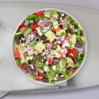 Greek Out Salad · (Vegetarian) Romaine lettuce, cucumbers, tomatoes, domathes, Kalamata olives, and feta chees...