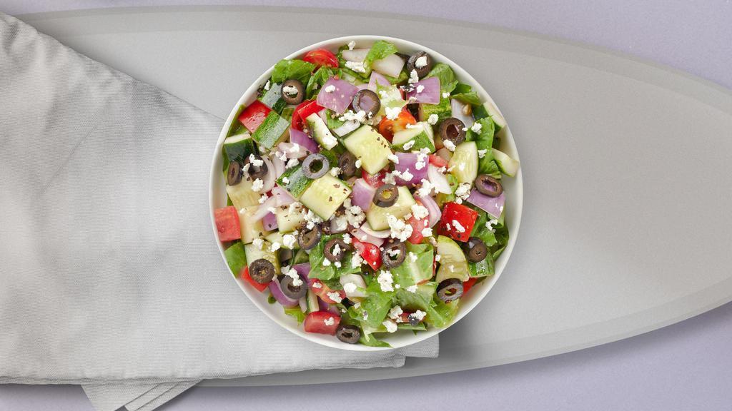 Greek Out Salad · (Vegetarian) Romaine lettuce, cucumbers, tomatoes, domathes, Kalamata olives, and feta cheese tossed with house vinaigrette dressing.