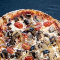 Pizza Veggie Master · TOMATO SAUCE, MOZZARELLA, EGGPLANTS, MUSHROOMS, SAUTEED. ONIONS, CHERRY TOMATOES