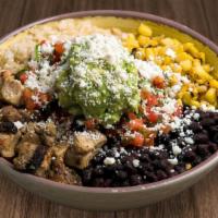 Burrito Bowl · Rustic herb grilled chicken, brown rice, black beans, guacamole, Mexican street corn, queso ...