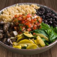 Vegan Bowl · Whole grain brown rice, black beans, baby spinach, Thyme roasted mushrooms, roasted veggie m...