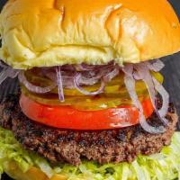 The Classic Burger · 7oz 3 Beef Blend Patty, Lettuce, Tomato, Red Onions, Pickles