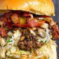 Bacon N’ Shrooms · 7 oz. 3 blend beef patty, melted brie cheese, bacon, sauteed mushrooms, caramelized onions, ...