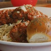 Spaghetti · Spaghetti topped with slow-cooked in-house pasta sauce and 4 homemade meatballs. Served with...