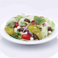 Small Greek Salad · 120 cal.  iceberg and romaine mix with tomatoes, red onions, feta cheese, pepperoncini peppe...