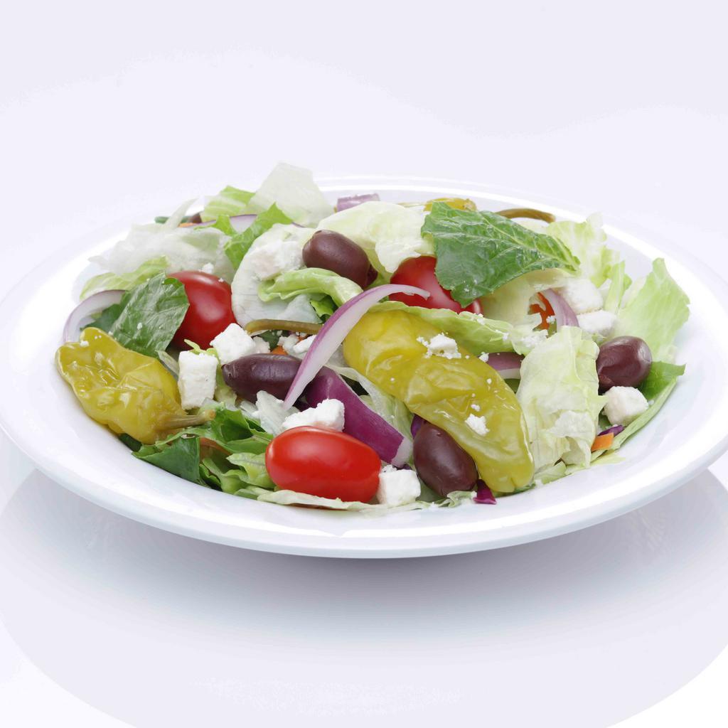 Small Greek Salad · 120 cal.  iceberg and romaine mix with tomatoes, red onions, feta cheese, pepperoncini peppers, cucumber slices and greek olives.