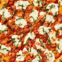 Margherita Pizza · 210 280 cal per slice. Olive oil base topped with sliced tomatoes. fresh basil, fresh garlic...