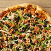 Veggie Deluxe · 300-400 cal per slice. Onions, green peppers, mushrooms, fresh spinach, sliced tomatoes, gre...