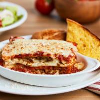 Lasagna · 930 cal. Layers of seasoned ricotta, mozzarella. sliced meatballs and crumbled sausage baked...