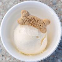 Dog Dish · A kids scoop of vanilla with a dog treat on top.