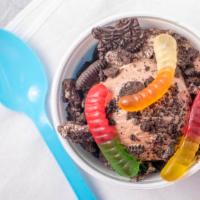 Worms N Dirt · Chocolate custard with oreos and gummy worms on top.