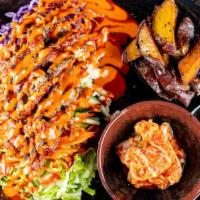 Beef Bibimbap · Grilled beef marinated in soy sauce. Steamed rice, carrot, cucumber, lettuce, purple cabbage...