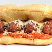 Meatball Parmigiana Sub Sandwich · Fresh meatballs on a toasted roll with homemade tomato sauce, melted mozzarella and parmesan.