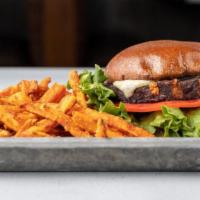 Spicy Black Bean Burger · VEGGIE PATTY + MELTED SWISS CHEESE + HOUSE MADE CHIPOTLE MAYO + WHOLE WHEAT BUN