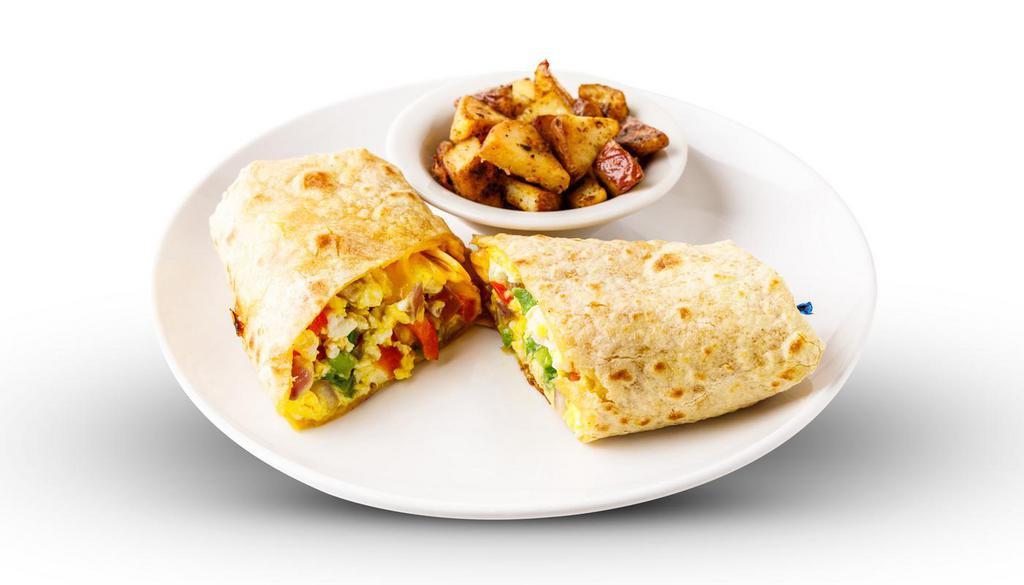Breakfast Burrito · 2 eggs scrambled with sauteed peppers and onions, topped with cheddar cheese and wrapped in a mild jalapeno tortilla. Served with salsa and sour cream and your choice of potatoe.