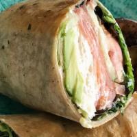 Salmon Wrap · Smoked salmon,  avocado, cream cheese, tomato, onions, mixed greens